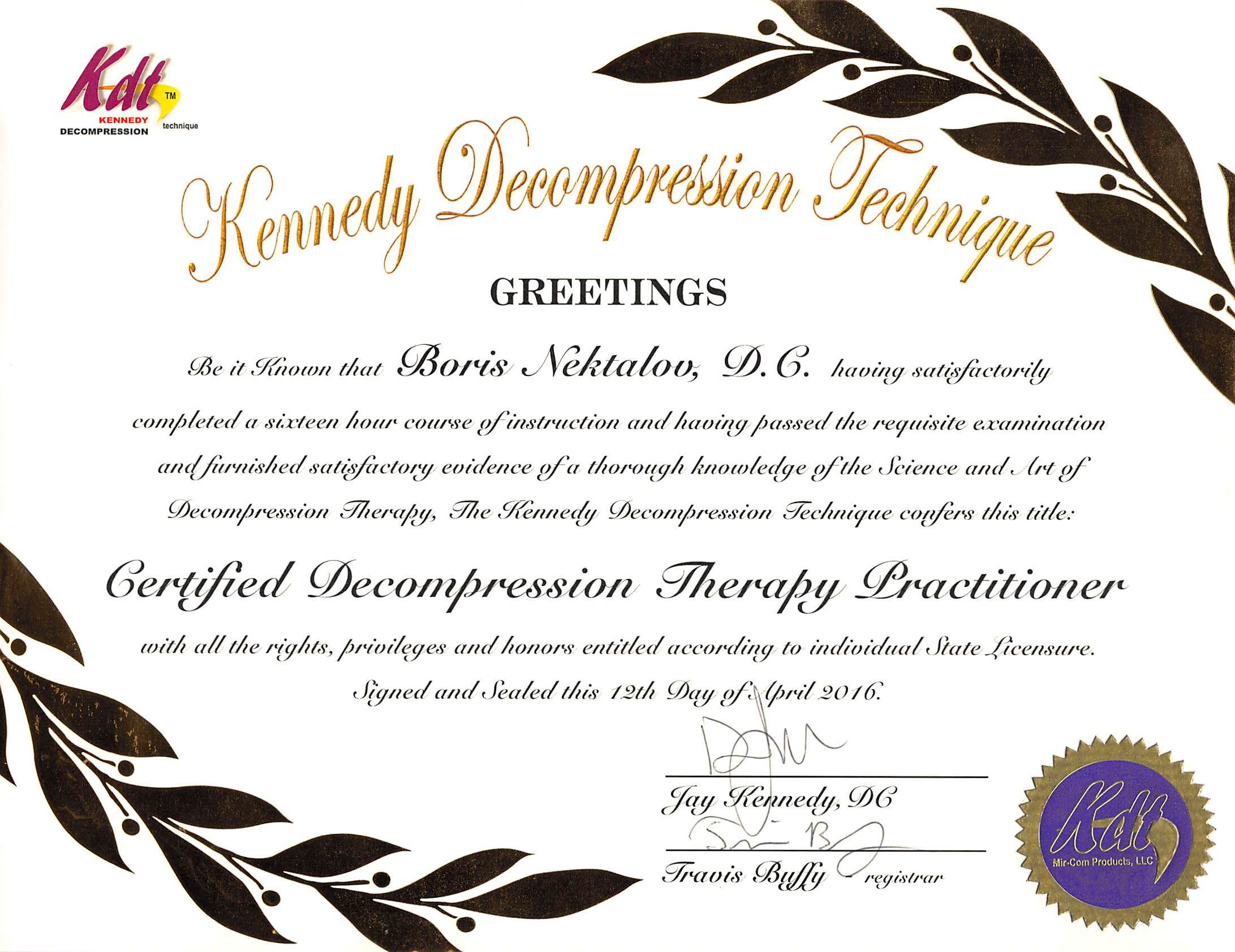 Certified Decompression therapy practitioner