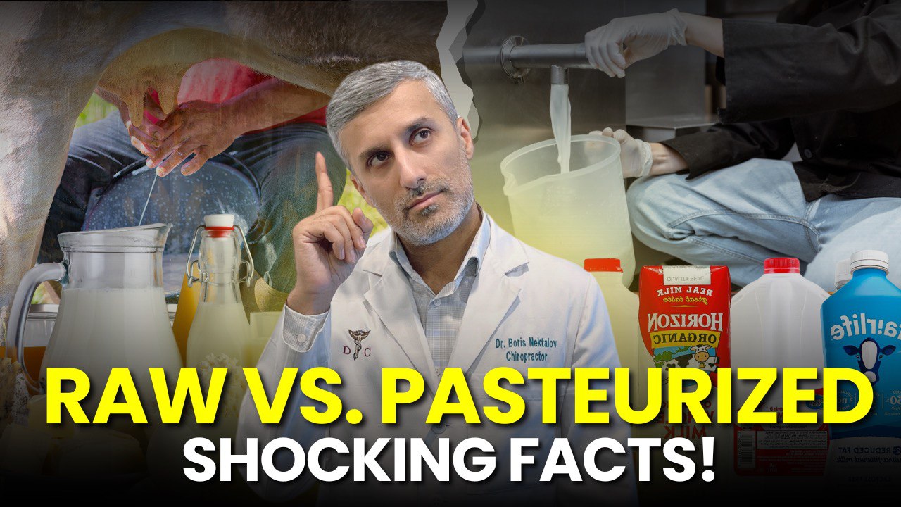 A man in a lab coat explaining the differences between raw and pasteurized milk.