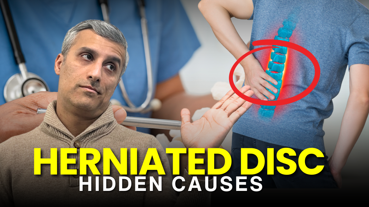 Man holding his lower back in pain with a spine model nearby.